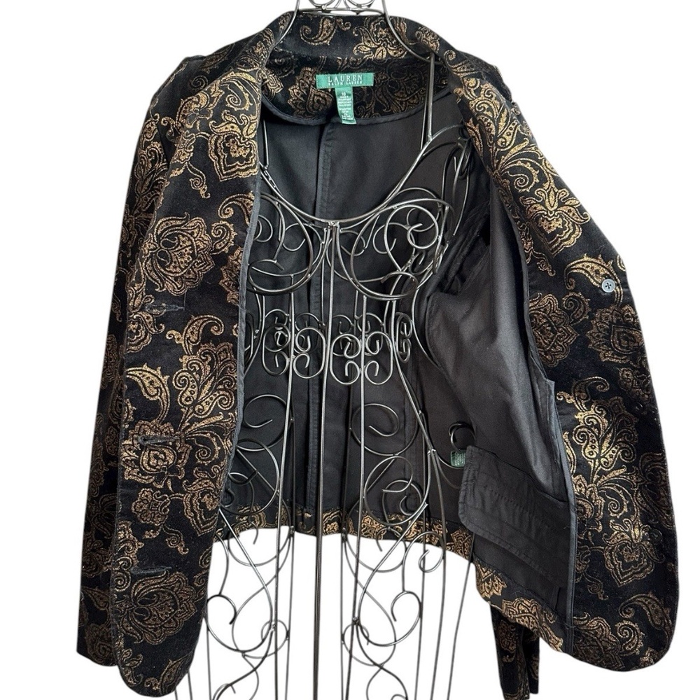 Lauren Ralph Lauren Black Gold Paisley Velvet Blazer Tailored Jacket W Sz 10 - Picture 3 of 16